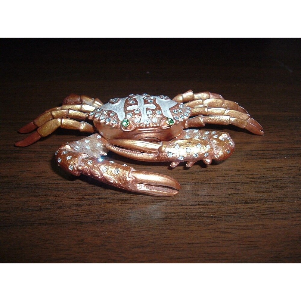 Bejeweled Enameled Green Eyed Crab Hinged Trinket Box Gold Finish w/Crystals